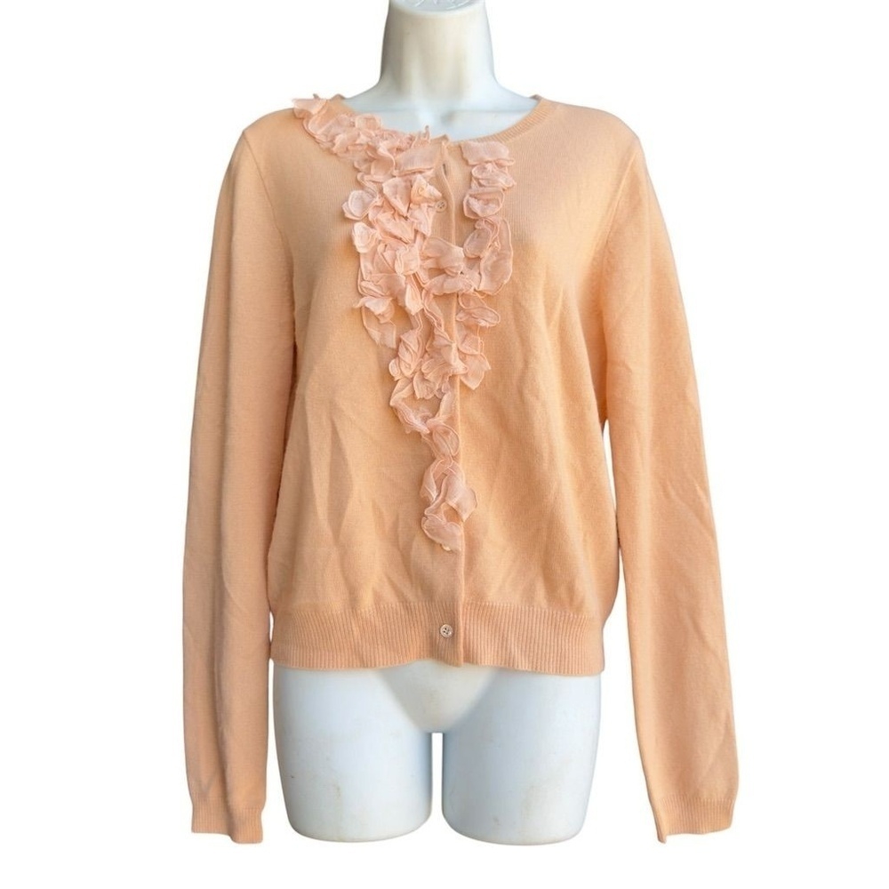 J.Crew Women's Peach Cashmere Cardigan Size M Silk Trim Ruffle Details Preppy